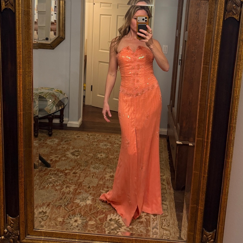 Elegant Strapless Beaded Vintage Peach Evening Gown
